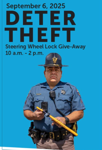 Poster of a state Trooper Holding a steering wheel lock